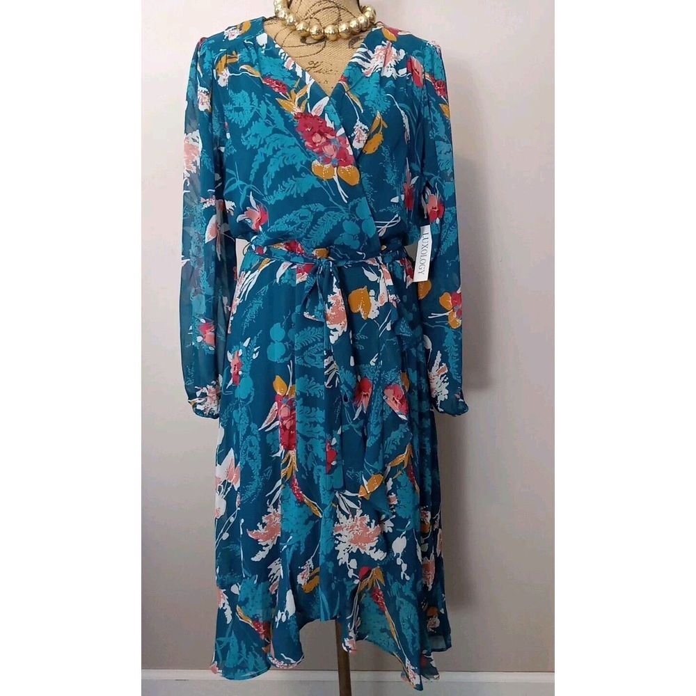 Luxology Women Teal Blue‎ Floral V-Neck Faux Wrap Midi Dress Size Large